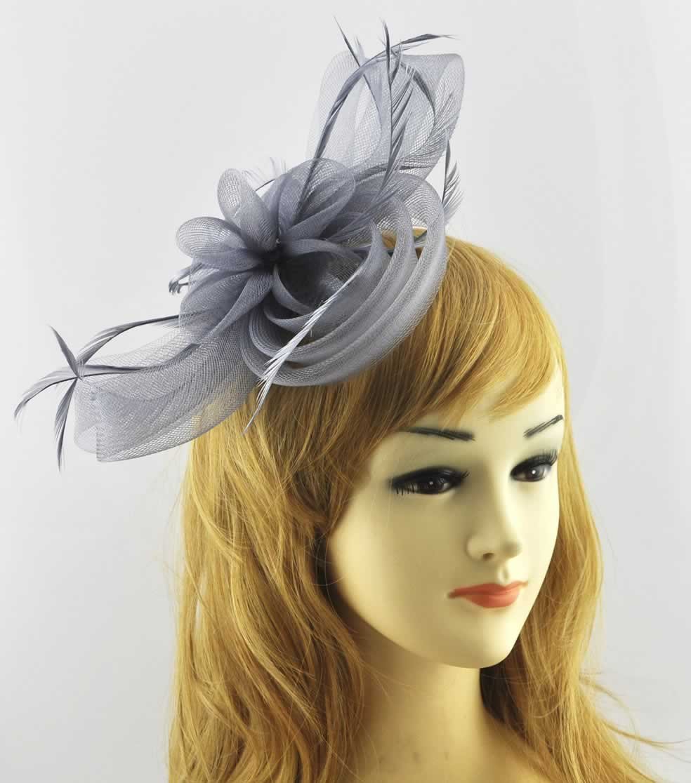 Wholesale Grey Feather & Mesh Flower Fascinator on Clip