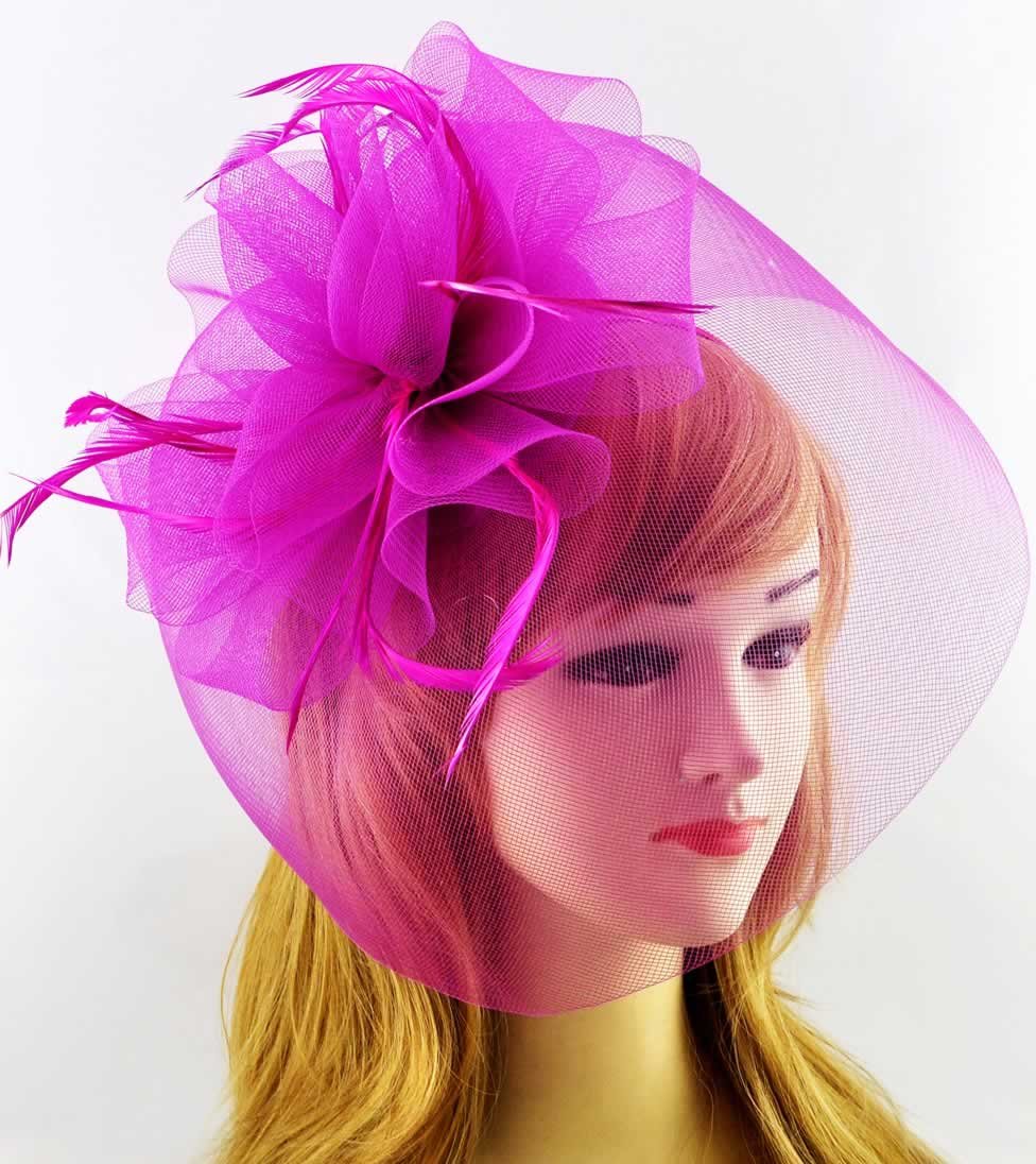 Wholesale Fuchsia Mesh Hat Feather Fascinator