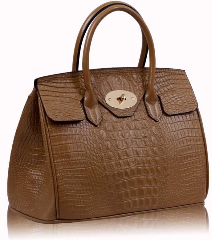 Download Tan Twist-Lock Closure Tote Bag In Mock- Croc