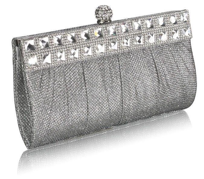 Silver Ruched Satin Clutch With Crystal Decoration