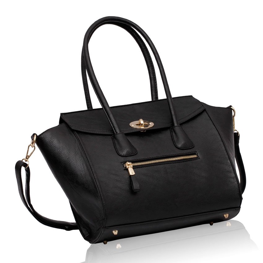 LS0083 - Black Twist Lock Closure Shoulder Handbag