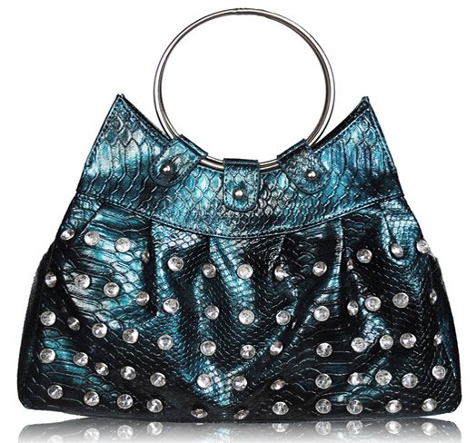 wholesale bags - Blue Croc Diamante Studded Handbag