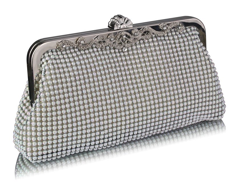 White Ruched Satin Clutch With Crystal Decoration