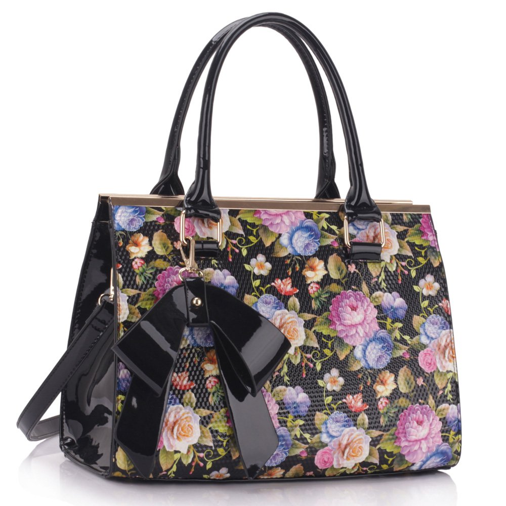 Black Floral Print Grab Bag With Bow Charm