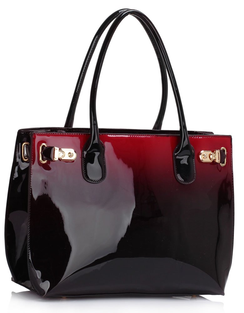 LS00245 - Burgundy Patent Two-Tone Handbag With Buckle Detail