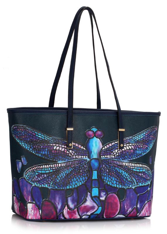 LS00462 - Navy Colorful Dragonflies Print Tote Shoulder Bag