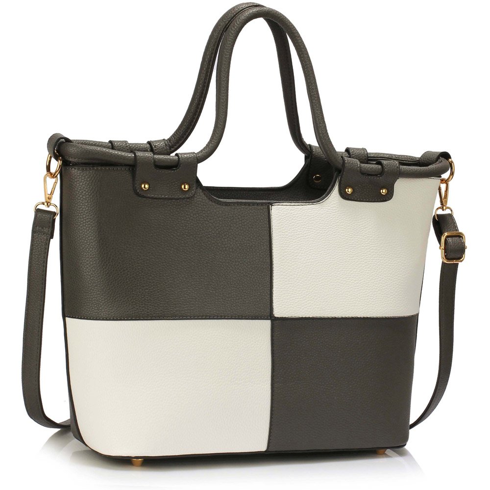 grey and white purse