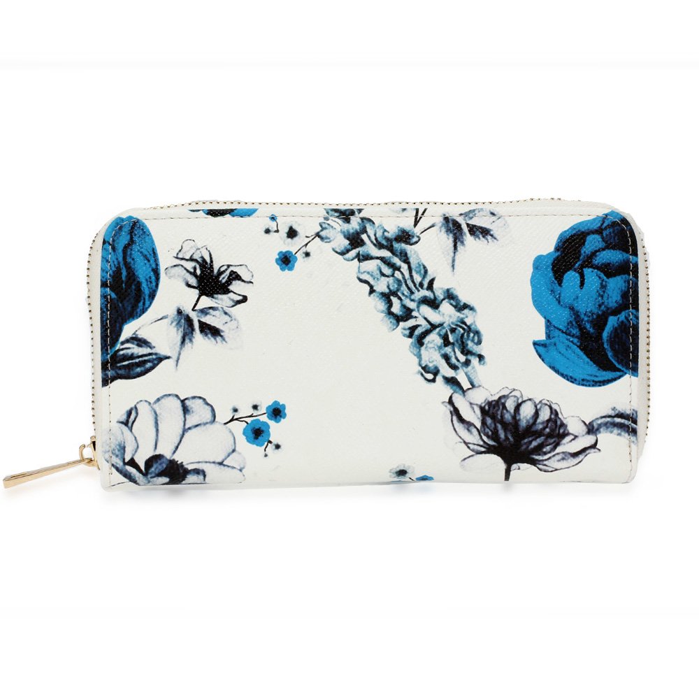 Wholesale White / Blue Floral Print Zip Around Purse / Wallet AGP1108