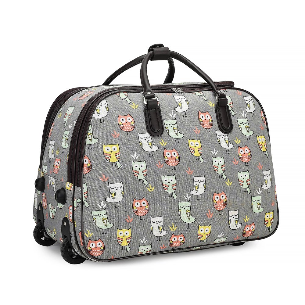 Grey Owl Print Travel Holdall Trolley Luggage With Wheels - CABIN APPROVED