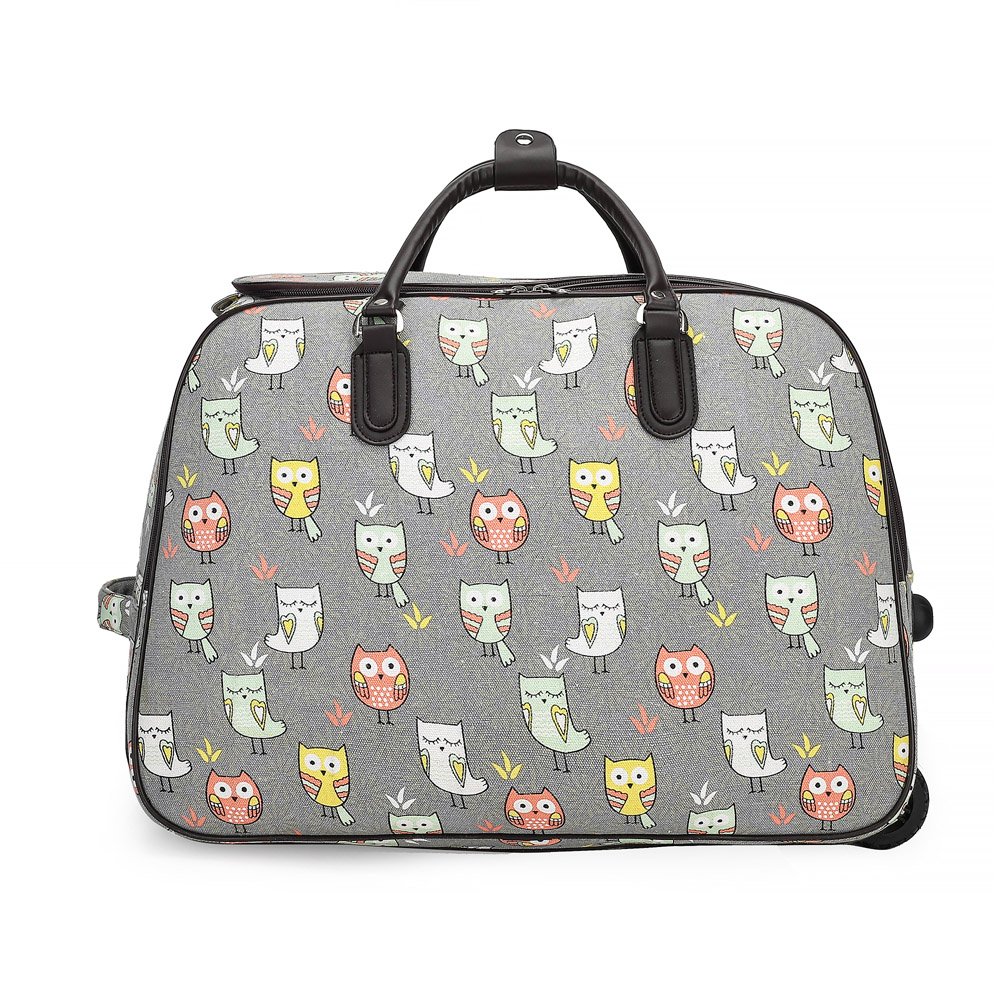 Grey Owl Print Travel Holdall Trolley Luggage With Wheels - CABIN APPROVED