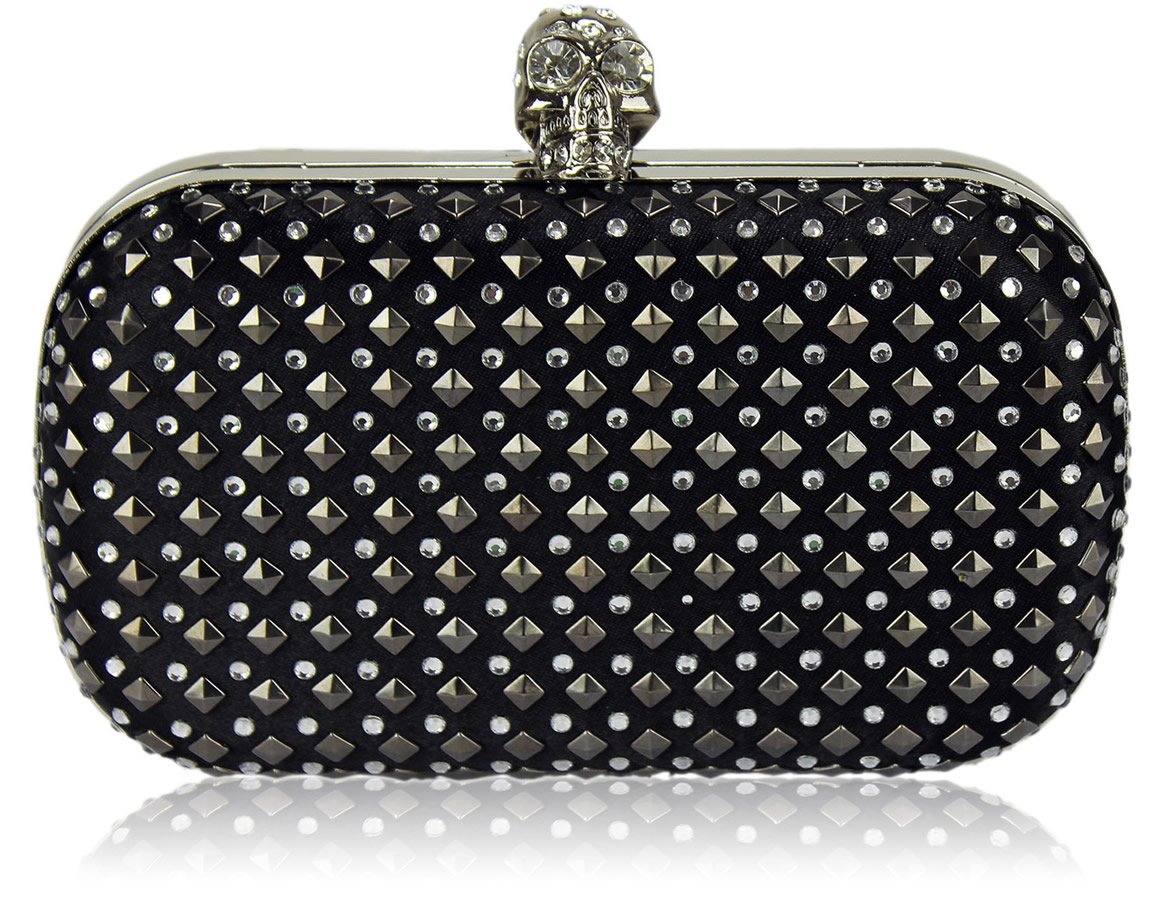 Wholesale Black Stud Clutch Bag With Crystal-Encrusted Skull Clasp