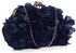 LSE00327 - Navy Kiss Lock Handbag Satin Flower Evening Clutch Bag