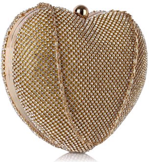 LSE00330 - Gold Sparkly Crystal Diamante Heart Shaped Clutch Evening Bag