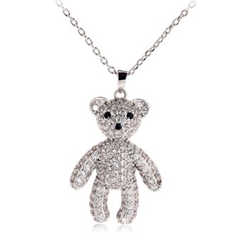 AGN0042 - Silver Sparkling Crystal Teddy Bear Necklace