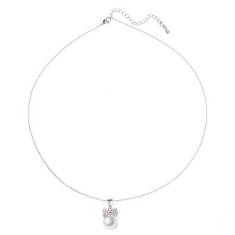 AGN0038 - Silver Plated Crystal Bow Pearl Necklace