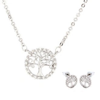 AGNE011 - Silver Plated Tree Of Life Necklace & Earrings Jewelry Set