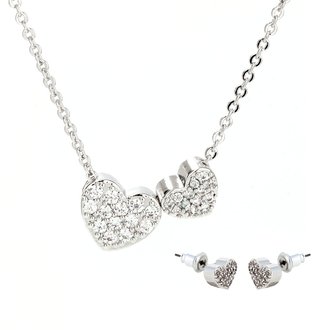 AGNE014 - Silver Two Hearts Necklace & Earrings Jewelry Set