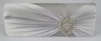 LSE0077 - Silver Ruched Satin Clutch With Crystal Flower