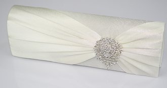 LSE0077 - Ivory Ruched Satin Clutch With Crystal Flower