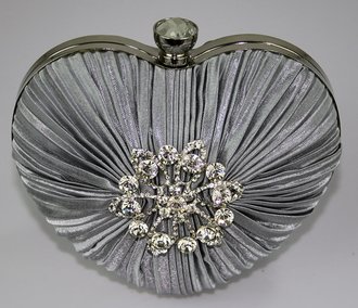LSE0085 - Silver Crystal Flower Hardcase Heart Clutch Bag