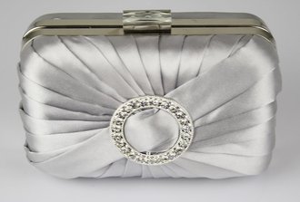 LSE0071 - Silver Gorgeous Satin Rouched Brooch Hard Case Silver Evening Bag