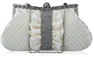 LSE0095 - Ivory Ruched Satin Clutch With Crystal Trim