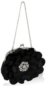 LSE00102 - Black Crystal Flower Satin Clutch