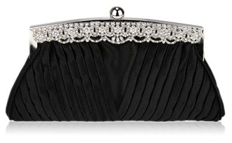 LSE00111 - Black Ruched Satin Clutch With Crystal Decoration