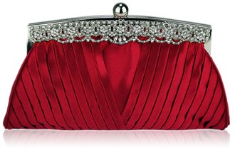 LSE00111 - Red Ruched Satin Clutch With Crystal Decoration