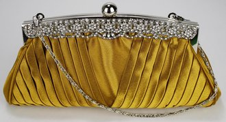 Wholesale Gold Ruched Satin Clutch With Crystal Decoration