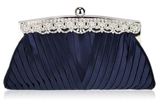 LSE00111 - Navy Ruched Satin Clutch With Crystal Decoration