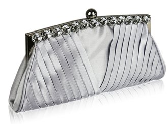 LSE00127 - Silver Ruched Satin Clutch With Crystal Decoration