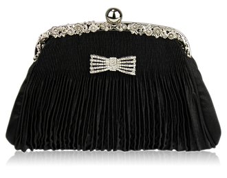 LSE00129 - Black Ruched Satin Clutch With Crystal Decoration