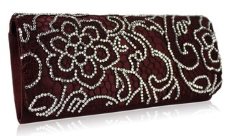 LSE00138-Red Satin Clutch Bag With  Diamante Decorative Flower
