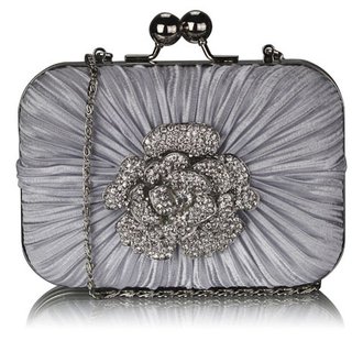 LSE00137 - Gorgeous Satin Rouched Brooch Hard Case Silver Evening Bag