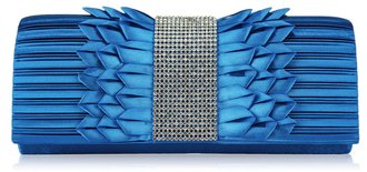 LSE00165 - Teal Ruched Satin Clutch With Crystal Trim