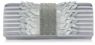 LSE00165 -Silver Ruched Satin Clutch With Crystal Trim
