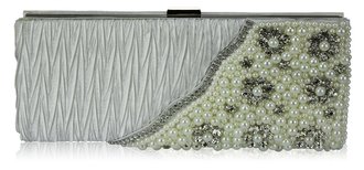 LSE00161-Ivory Satin Beaded Clutch Bag With Crystal Decoration