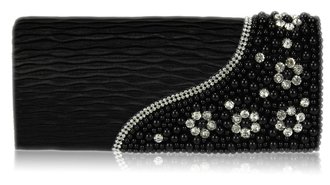 LSE00160-Black Satin Beaded Clutch Bag With Crystal Decoration