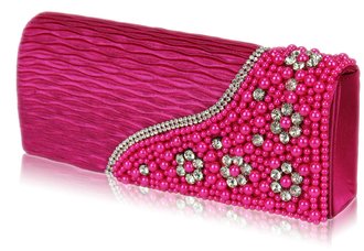 LSE00160-Pink Satin Beaded Clutch Bag With Crystal Decoration