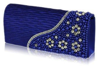 LSE00160-Royal Blue Satin Beaded Clutch Bag With Crystal Decoration