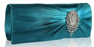 LSE0077 - Turquoise Ruched Satin Clutch With Crystal Flower