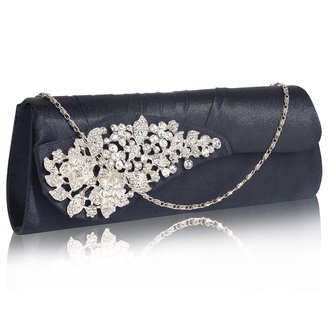 LSE0078 - Navy Ruched Satin Clutch With Crystal Flower