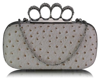 LSE00188 - Ivory Ostrich Skin Knuckle Clutch/Crossbody purse