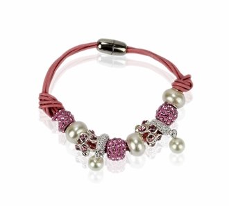 LSB0059-Pink Crystal Bracelet With Pearl Charm