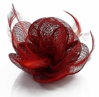LSH00142 - Red Feather and Mesh Flower Fascinator