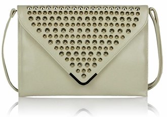 LSE00205 - Ivory Large Slim Clutch Bag With Studded Flap