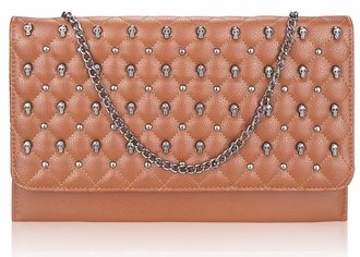 LSE00218 - Brown Quilted Purse With Skull Stud Detail
