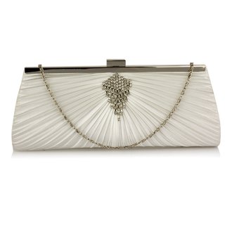 LSE00221 - Ivory Satin Clutch Bag With Crystal Decoration