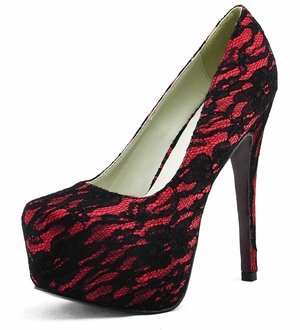 LSS00125 - Red Lace Covered Platform Court Shoes